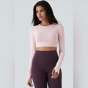 Halara Long Sleeve Cropped Workout Top Thumb Holes Pale Lilac Activewear L